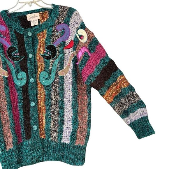 Jaclyn Smith Vtg 90s MultiColor Wild Pattern Embellished Cardigan Sweater Medium - Picture 4 of 8